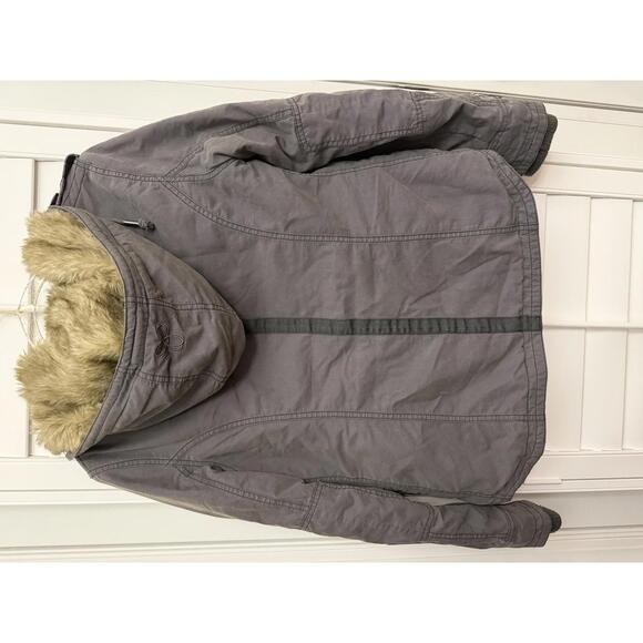 Aritzia TNA Platoon military utility jacket in grey with a faux-fur lined hood. - Picture 11 of 13